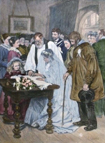 Marriage SIGNING THE MARRIAGE REGISTER From painting by James Charles exhibited Royal Academy 1895