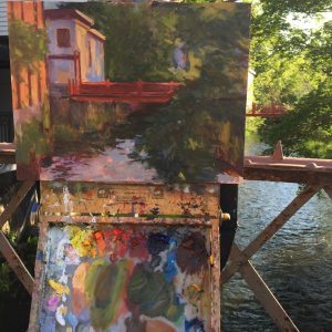 The Red Footbridge, Warwick NY painted plein air on a May sunny morning